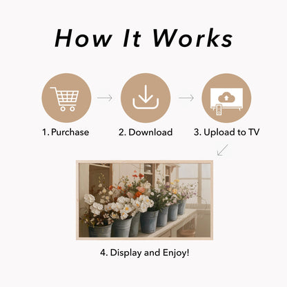 Flower Buckets on Windowsill Frame TV Art displayed on a TV