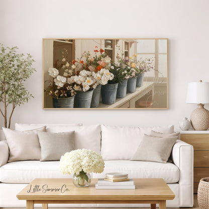 Flower Buckets on Windowsill Frame TV Art displayed on a TV