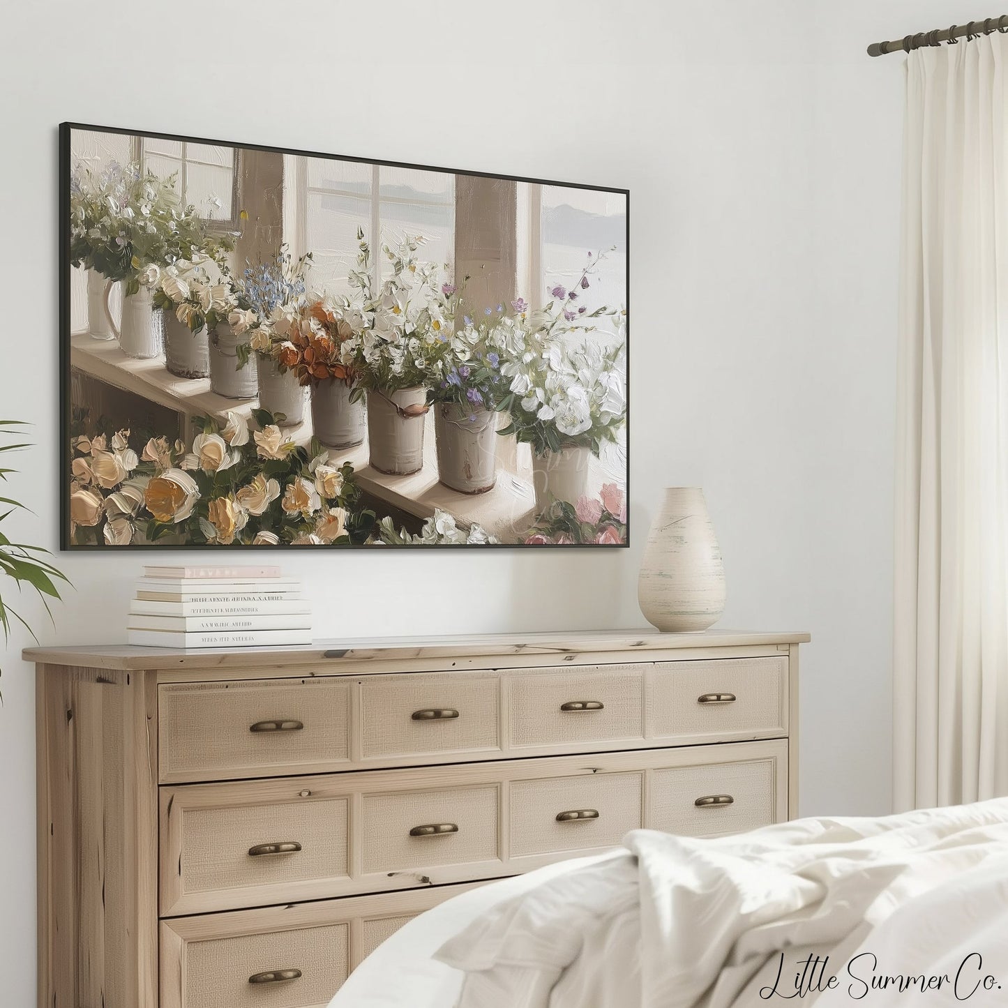 Windowsill Flower Buckets Frame TV Art displayed on a TV