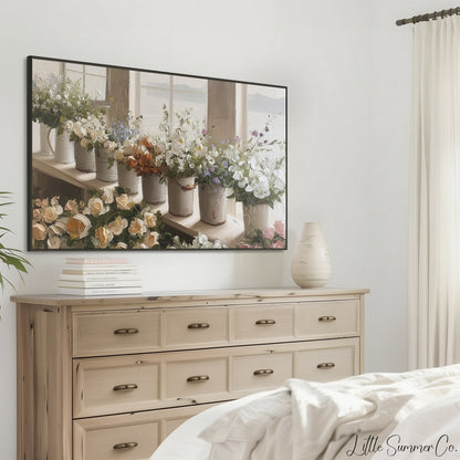 Windowsill Flower Buckets Frame TV Art displayed on a TV