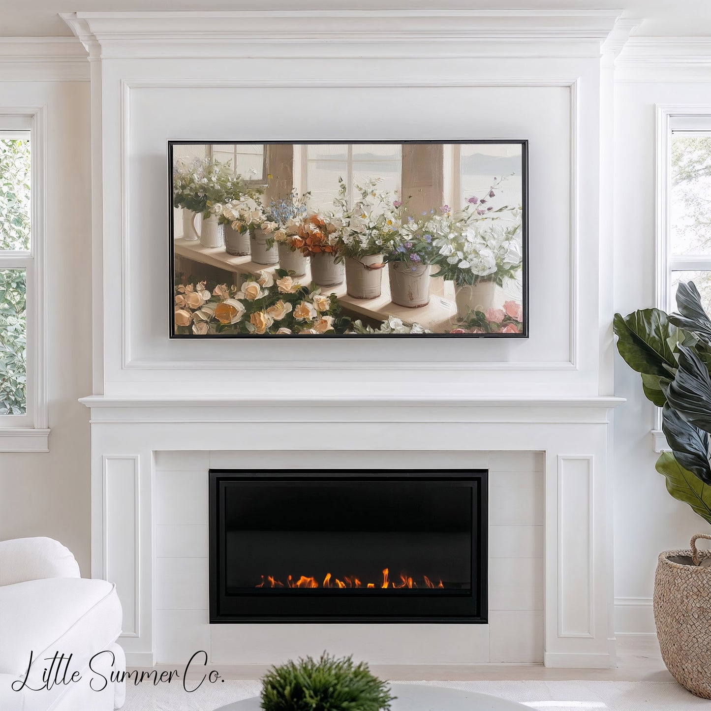 Windowsill Flower Buckets Frame TV Art displayed on a TV