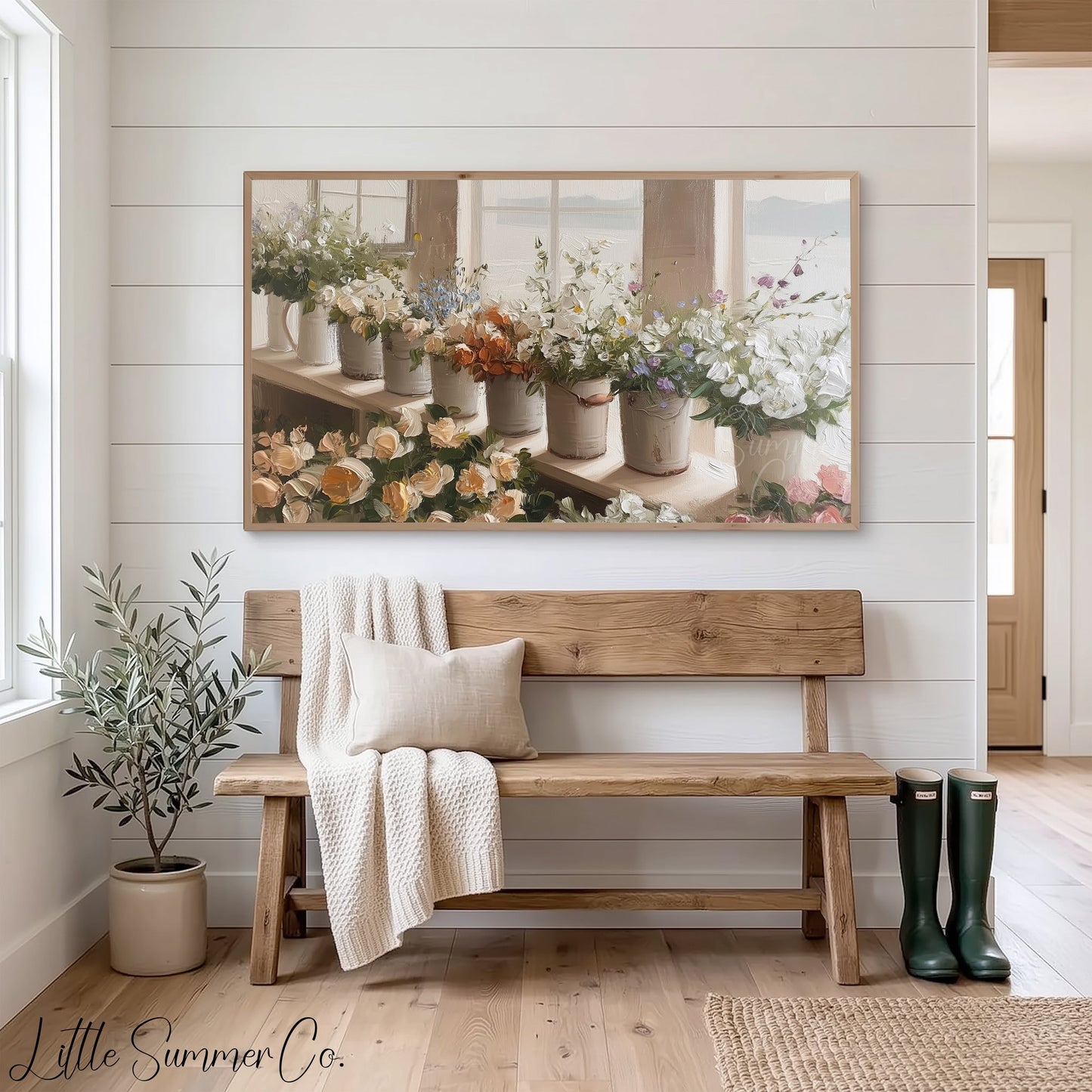 Windowsill Flower Buckets Frame TV Art displayed on a TV