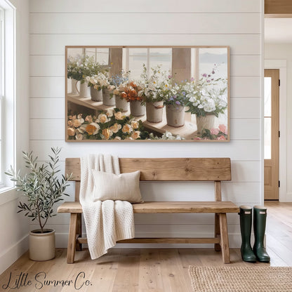 Windowsill Flower Buckets Frame TV Art displayed on a TV