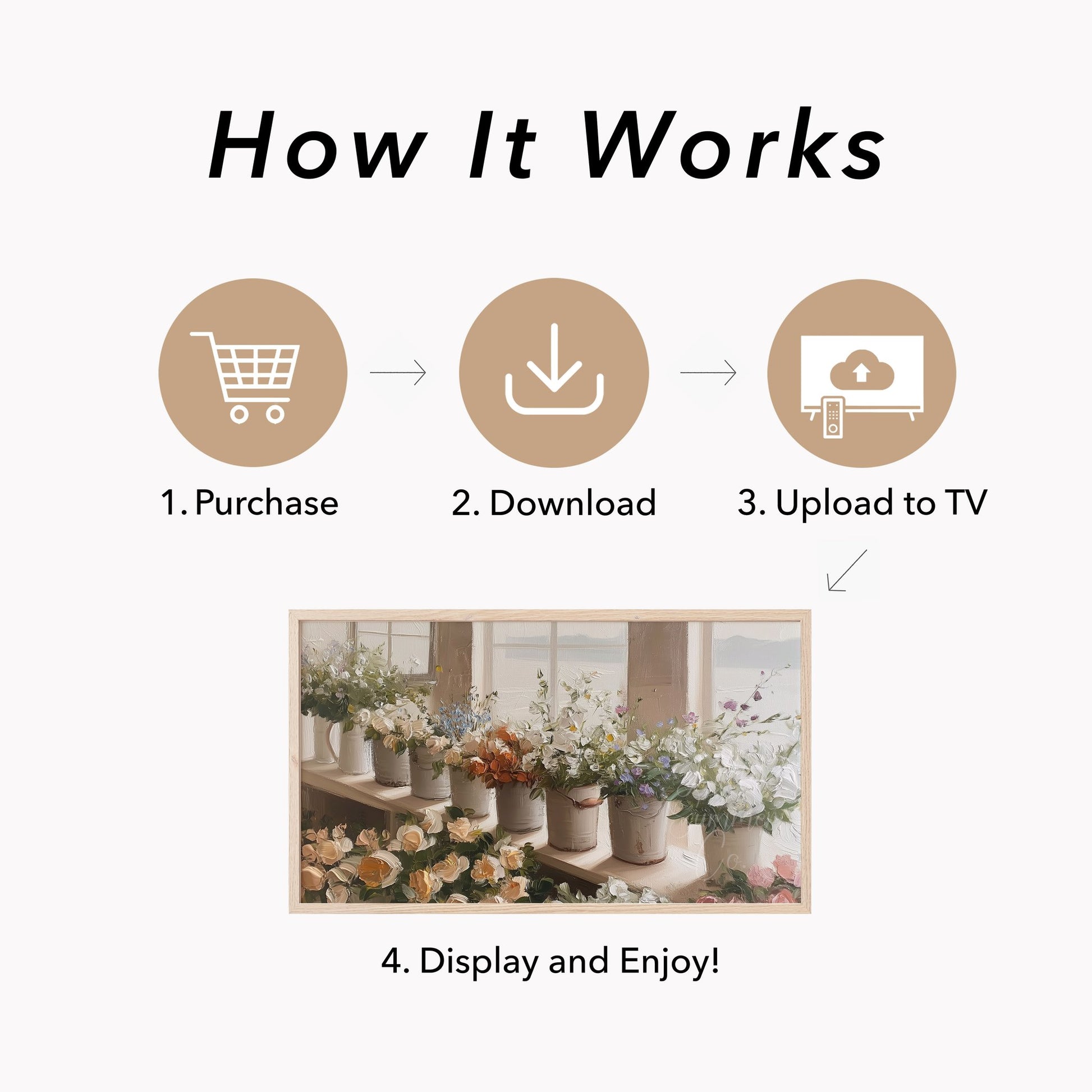 Windowsill Flower Buckets Frame TV Art displayed on a TV