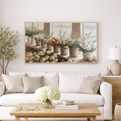 Windowsill Flower Buckets Frame TV Art displayed on a TV