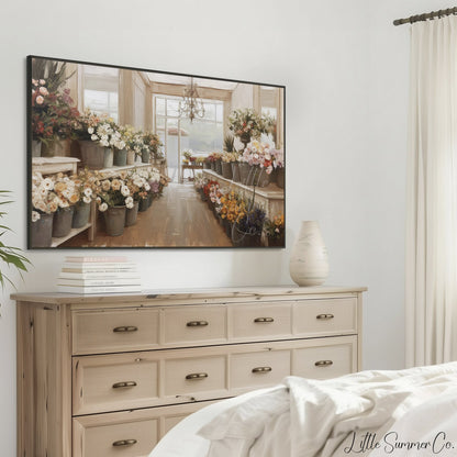 Flower Shop Buckets Frame TV Art displayed on a TV