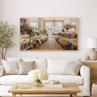 Flower Shop Buckets Frame TV Art displayed on a TV