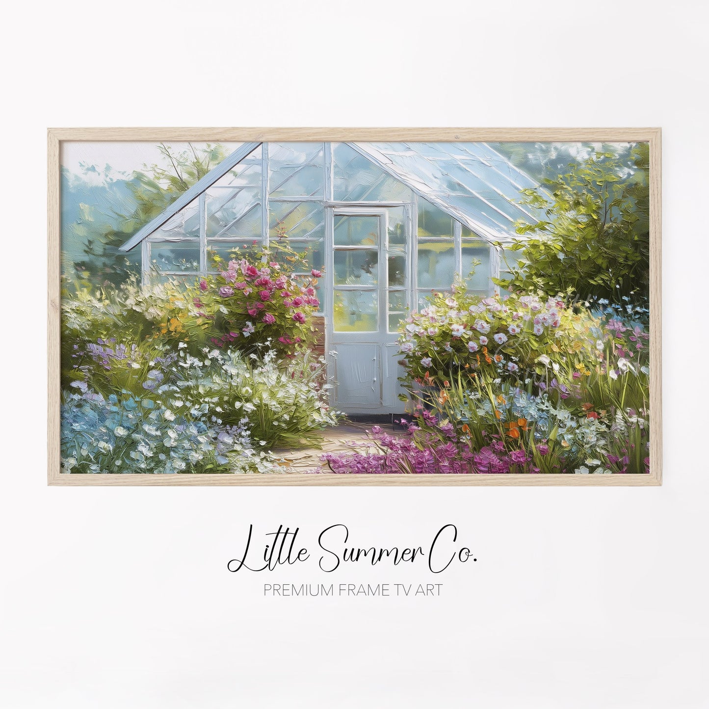 Blue Greenhouse Cottage Garden Frame TV Art displayed on a TV