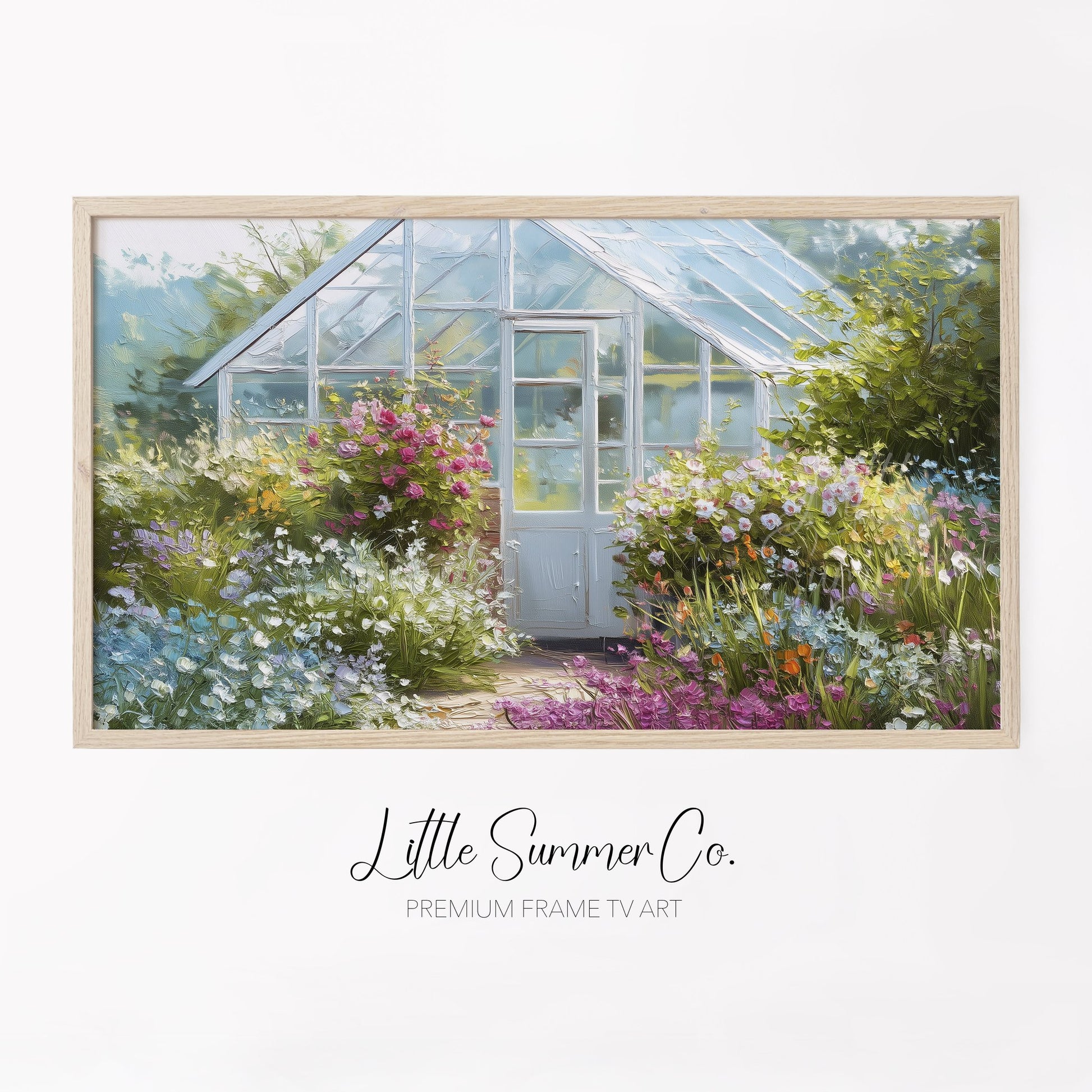 Blue Greenhouse Cottage Garden Frame TV Art displayed on a TV