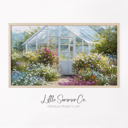 Blue Greenhouse Cottage Garden Frame TV Art displayed on a TV