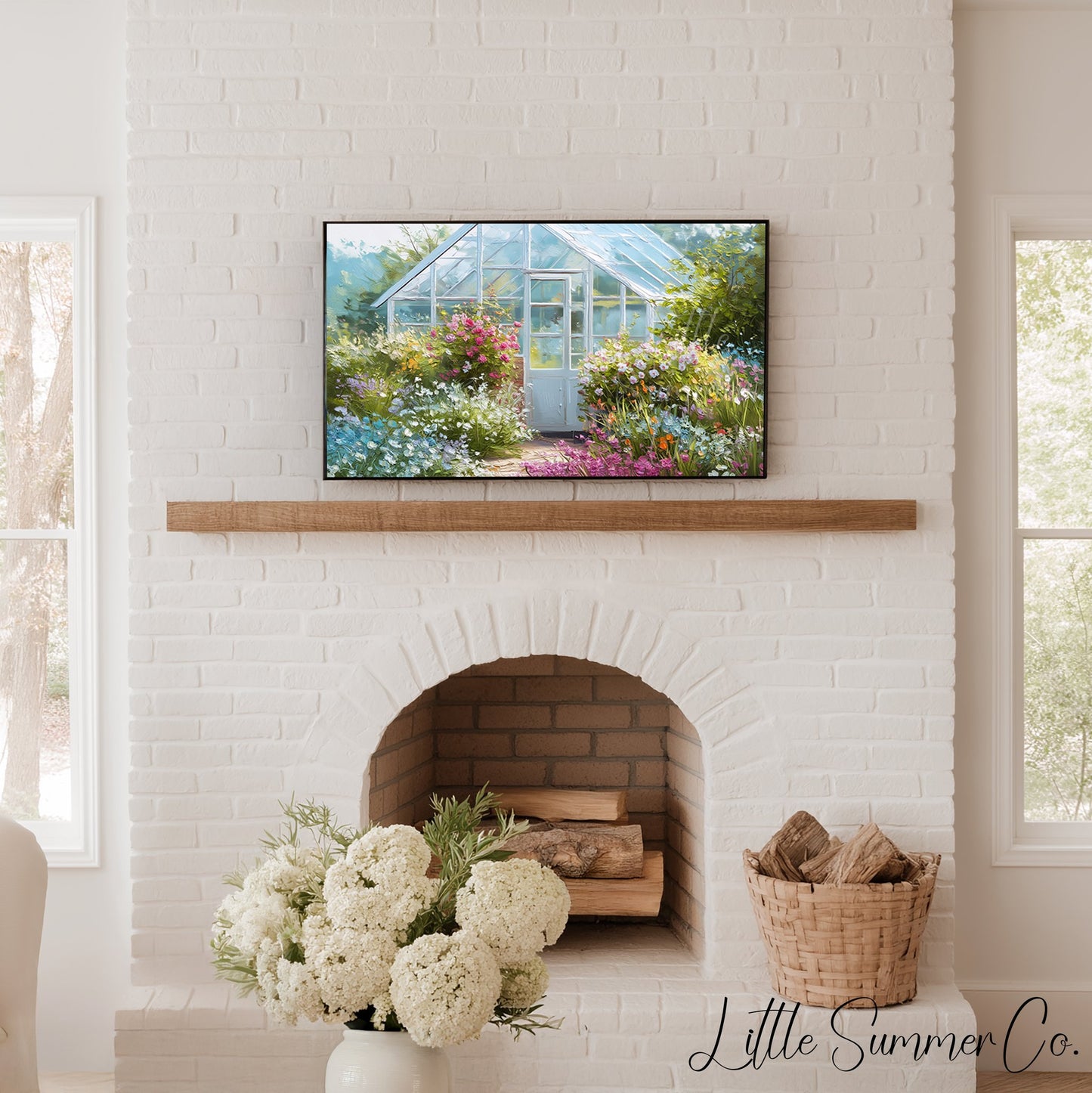 Blue Greenhouse Cottage Garden Frame TV Art displayed on a TV