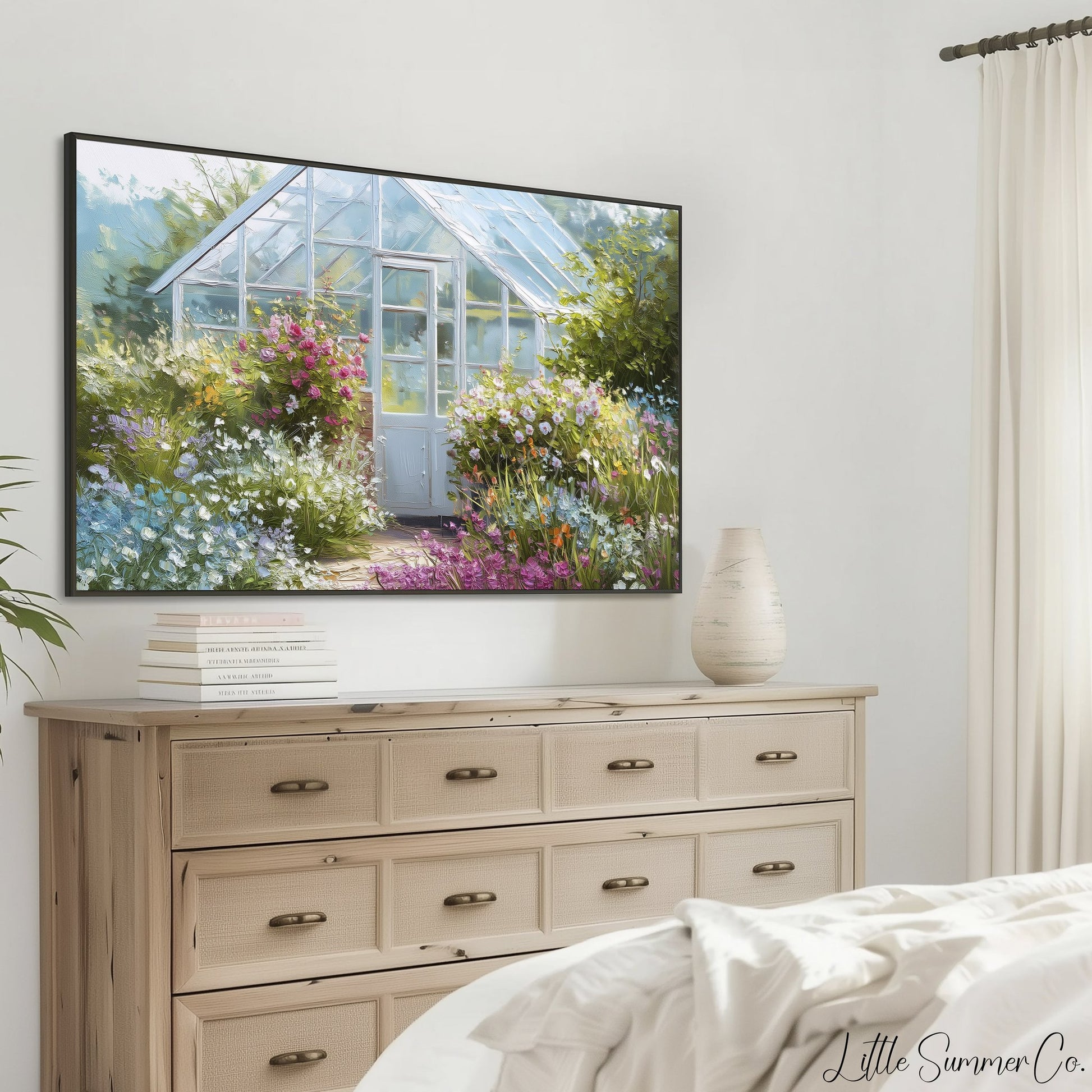 Blue Greenhouse Cottage Garden Frame TV Art displayed on a TV