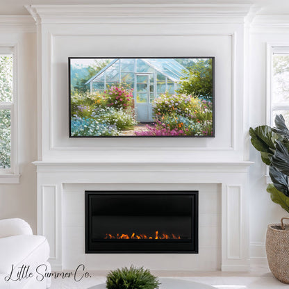 Blue Greenhouse Cottage Garden Frame TV Art displayed on a TV