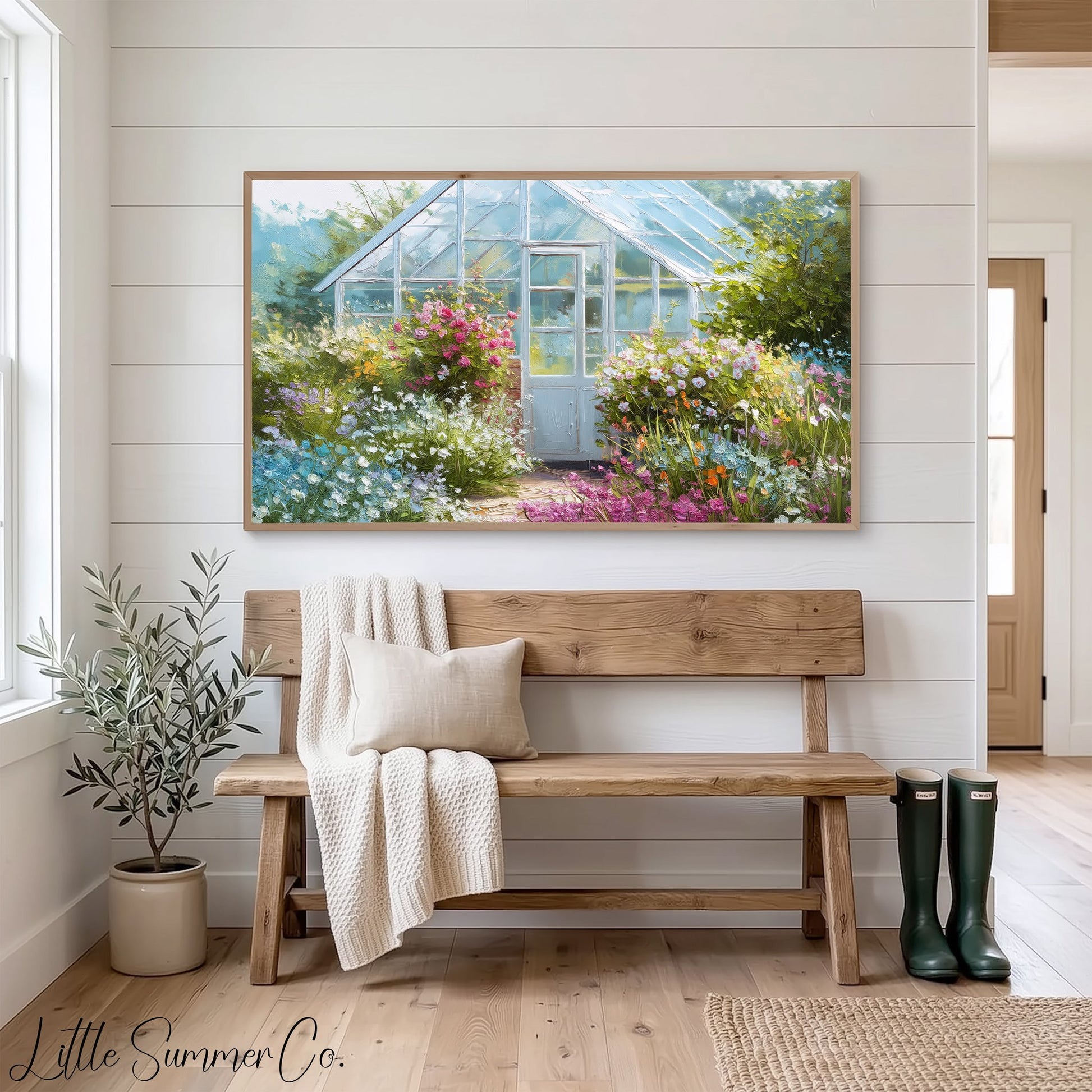 Blue Greenhouse Cottage Garden Frame TV Art displayed on a TV
