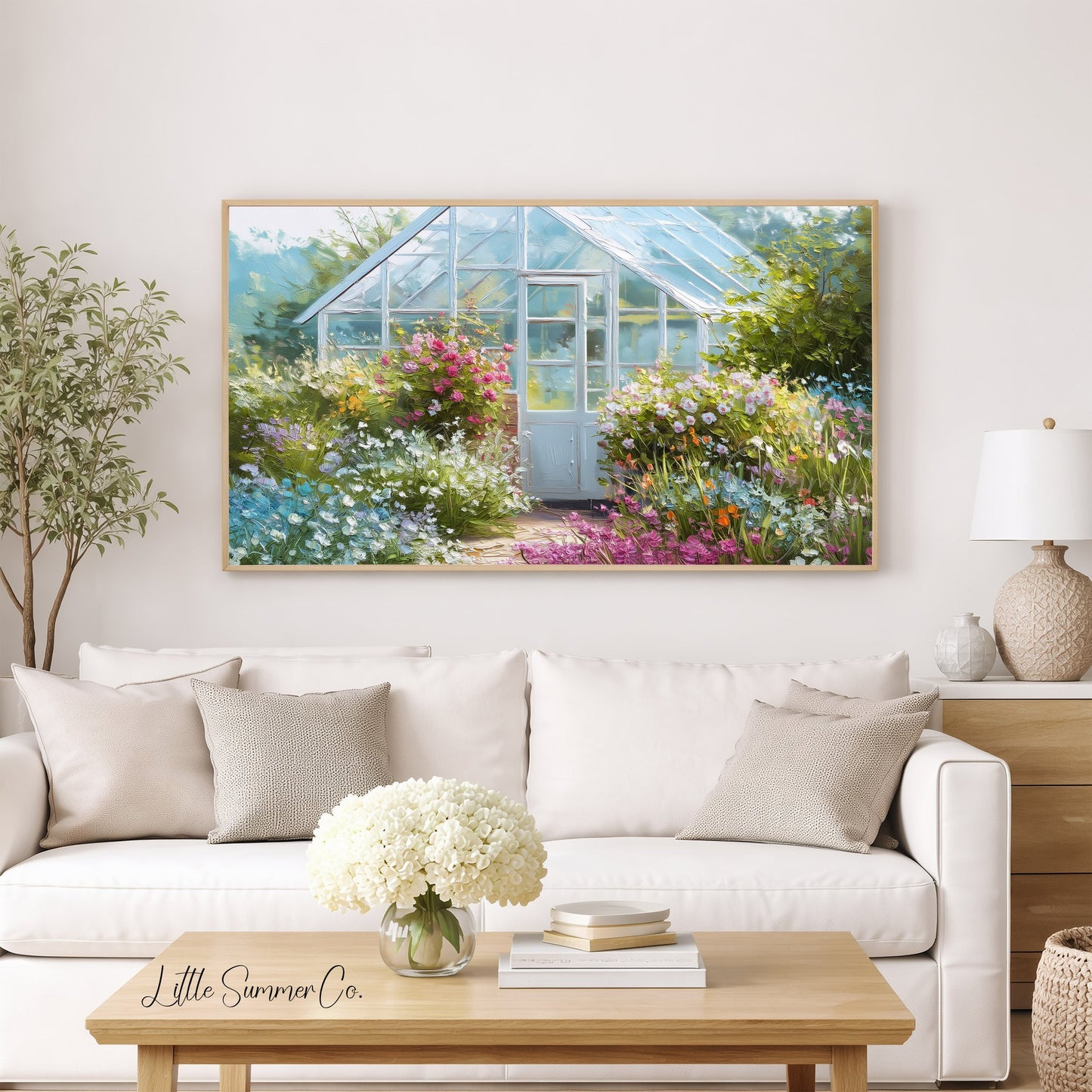 Blue Greenhouse Cottage Garden Frame TV Art displayed on a TV