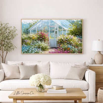 Blue Greenhouse Cottage Garden Frame TV Art displayed on a TV