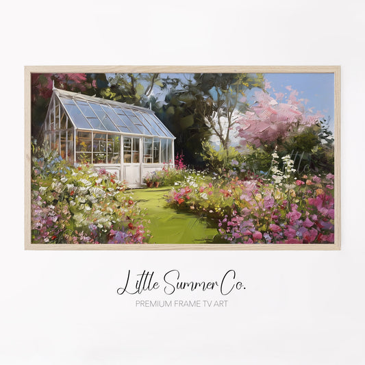 Blossom Garden Greenhouse Frame TV Art displayed on a TV
