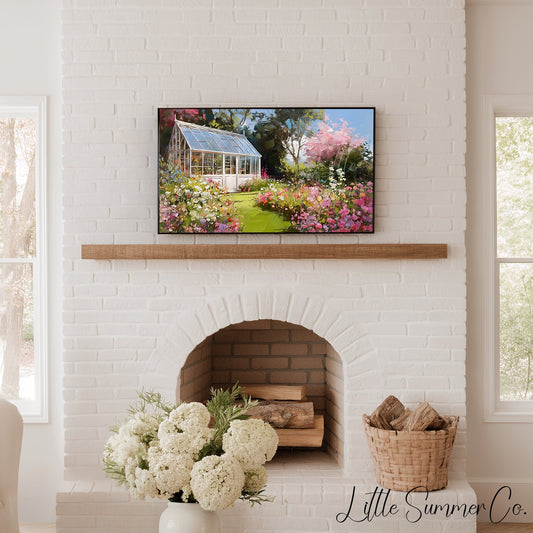 Blossom Garden Greenhouse Frame TV Art displayed on a TV