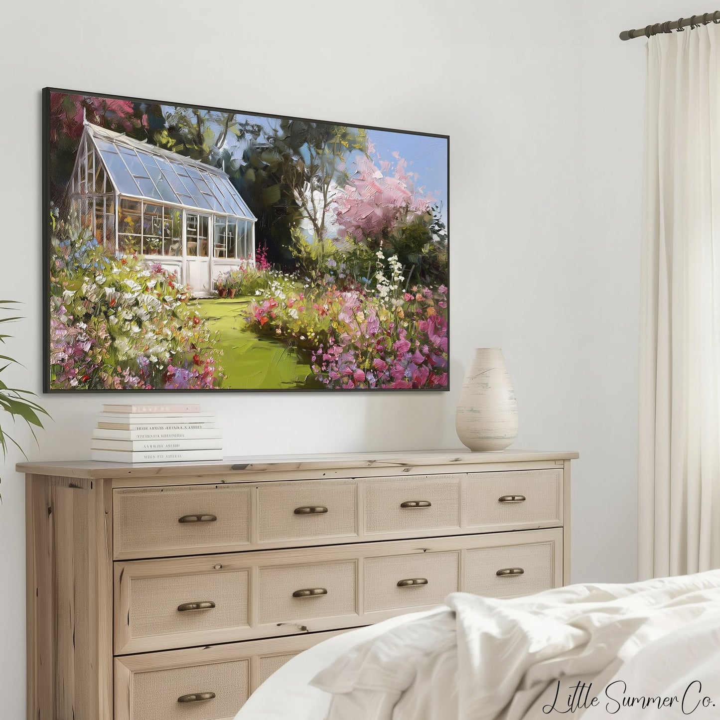 Blossom Garden Greenhouse Frame TV Art displayed on a TV