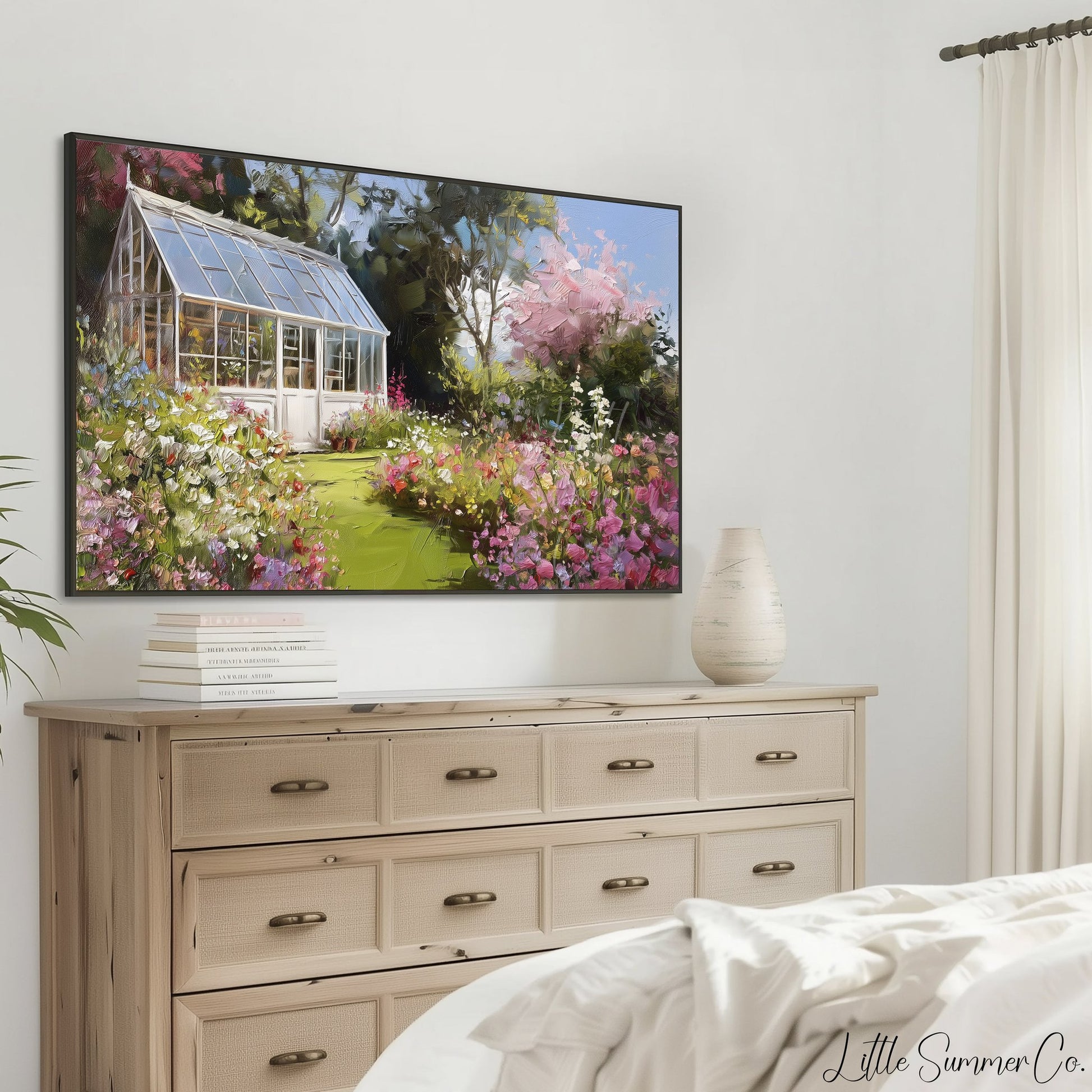 Blossom Garden Greenhouse Frame TV Art displayed on a TV
