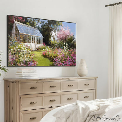 Blossom Garden Greenhouse Frame TV Art displayed on a TV