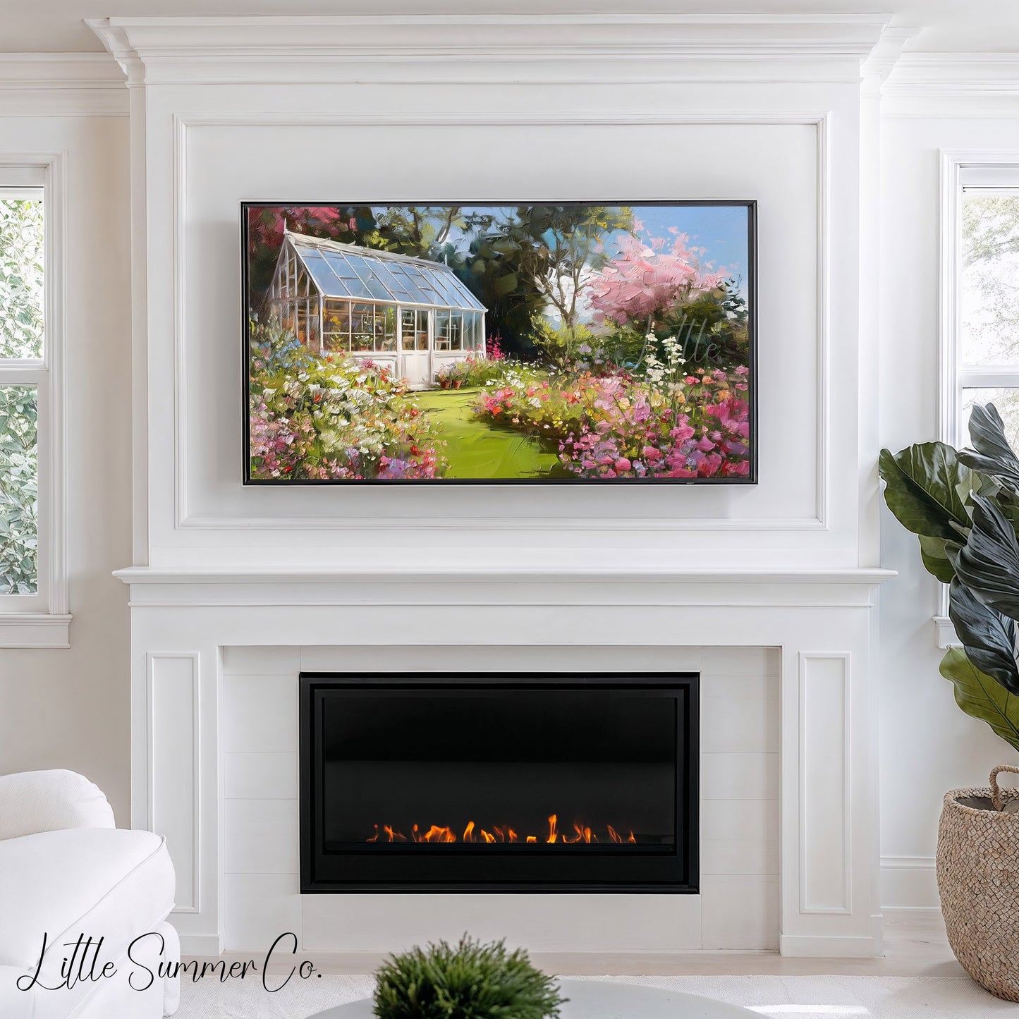 Blossom Garden Greenhouse Frame TV Art displayed on a TV