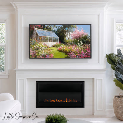 Blossom Garden Greenhouse Frame TV Art displayed on a TV