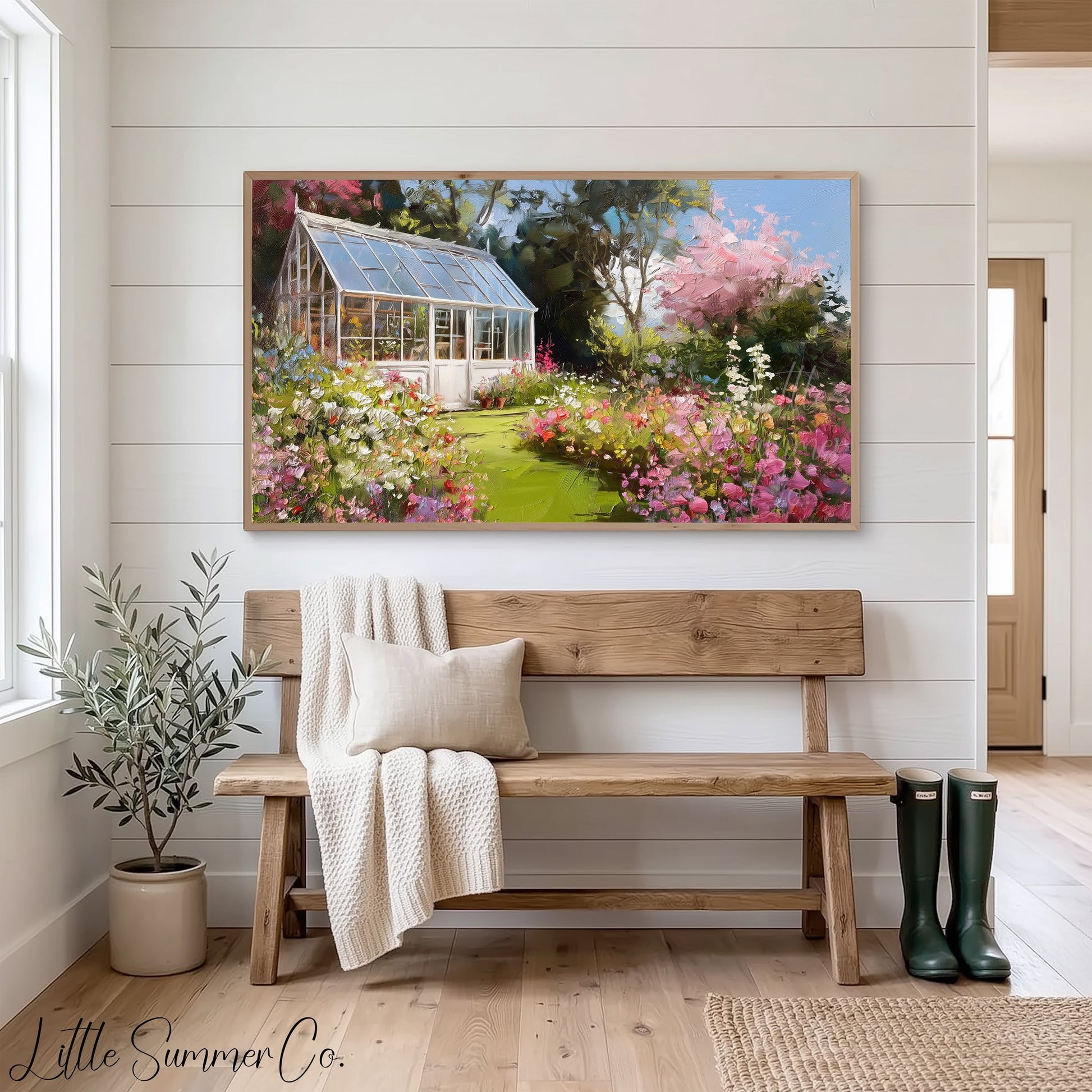 Blossom Garden Greenhouse Frame TV Art displayed on a TV