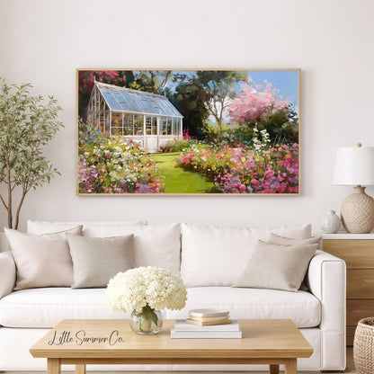 Blossom Garden Greenhouse Frame TV Art displayed on a TV