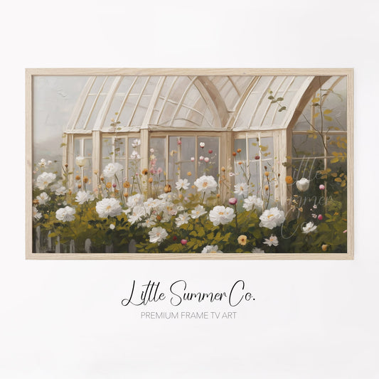 Arched Greenhouse Peony Garden Frame TV Art displayed on a TV