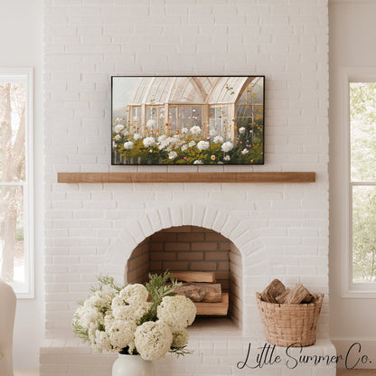 Arched Greenhouse Peony Garden Frame TV Art displayed on a TV