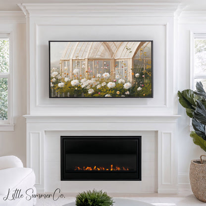 Arched Greenhouse Peony Garden Frame TV Art displayed on a TV