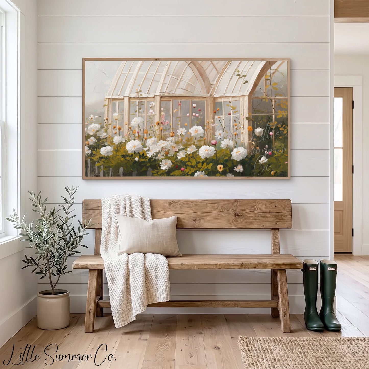 Arched Greenhouse Peony Garden Frame TV Art displayed on a TV