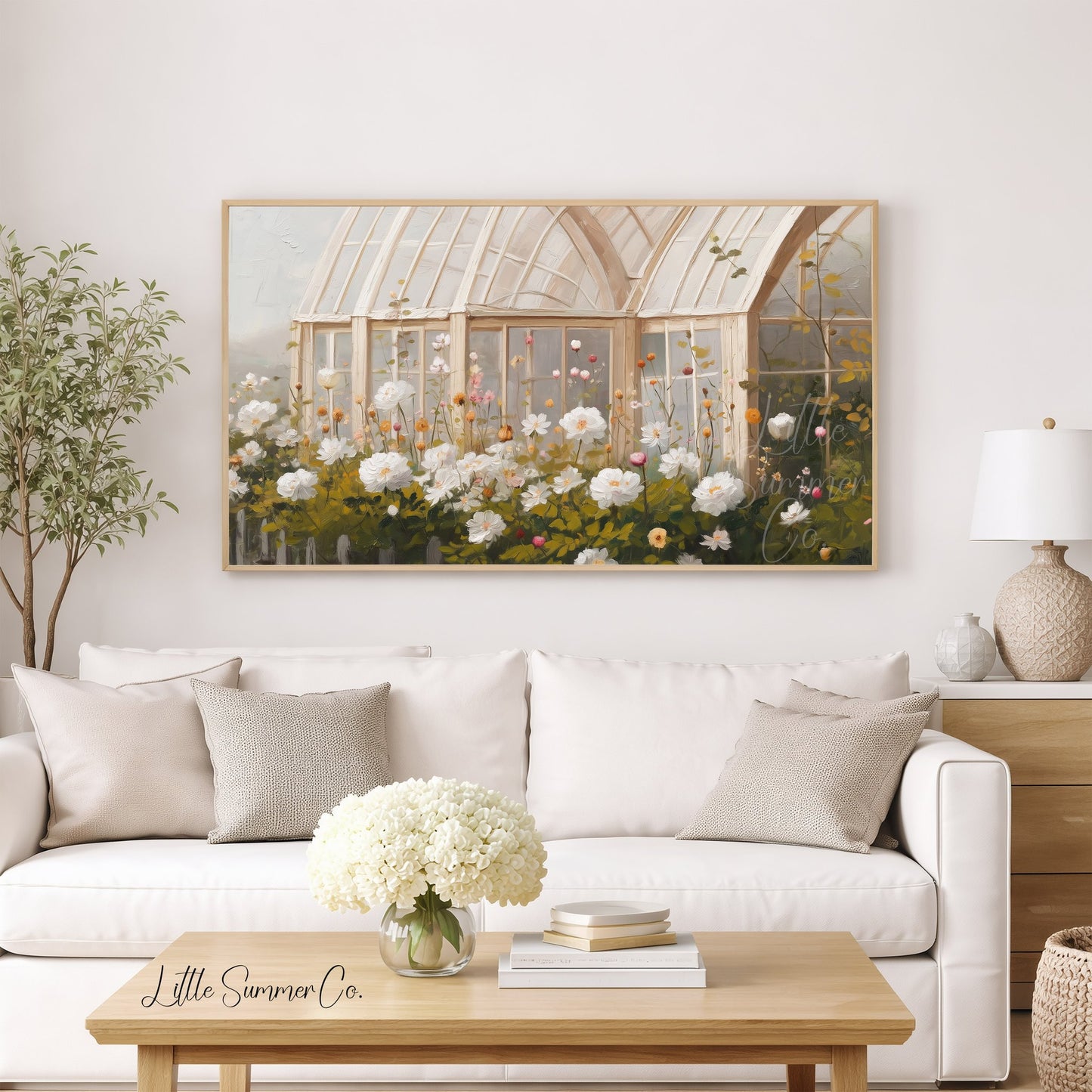 Arched Greenhouse Peony Garden Frame TV Art displayed on a TV