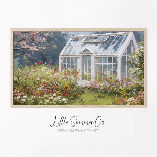 Wildflower Greenhouse Frame TV Art displayed on a TV
