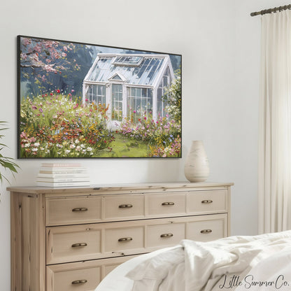 Wildflower Greenhouse Frame TV Art displayed on a TV