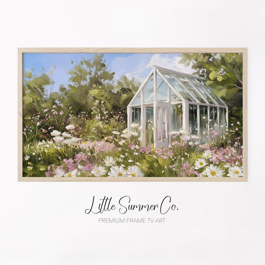 Daisy Garden Greenhouse Frame TV Art displayed on a TV