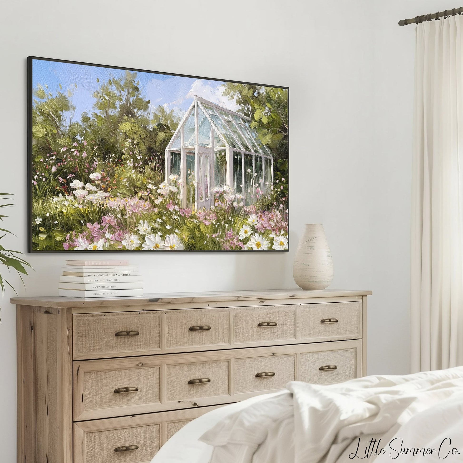 Daisy Garden Greenhouse Frame TV Art displayed on a TV