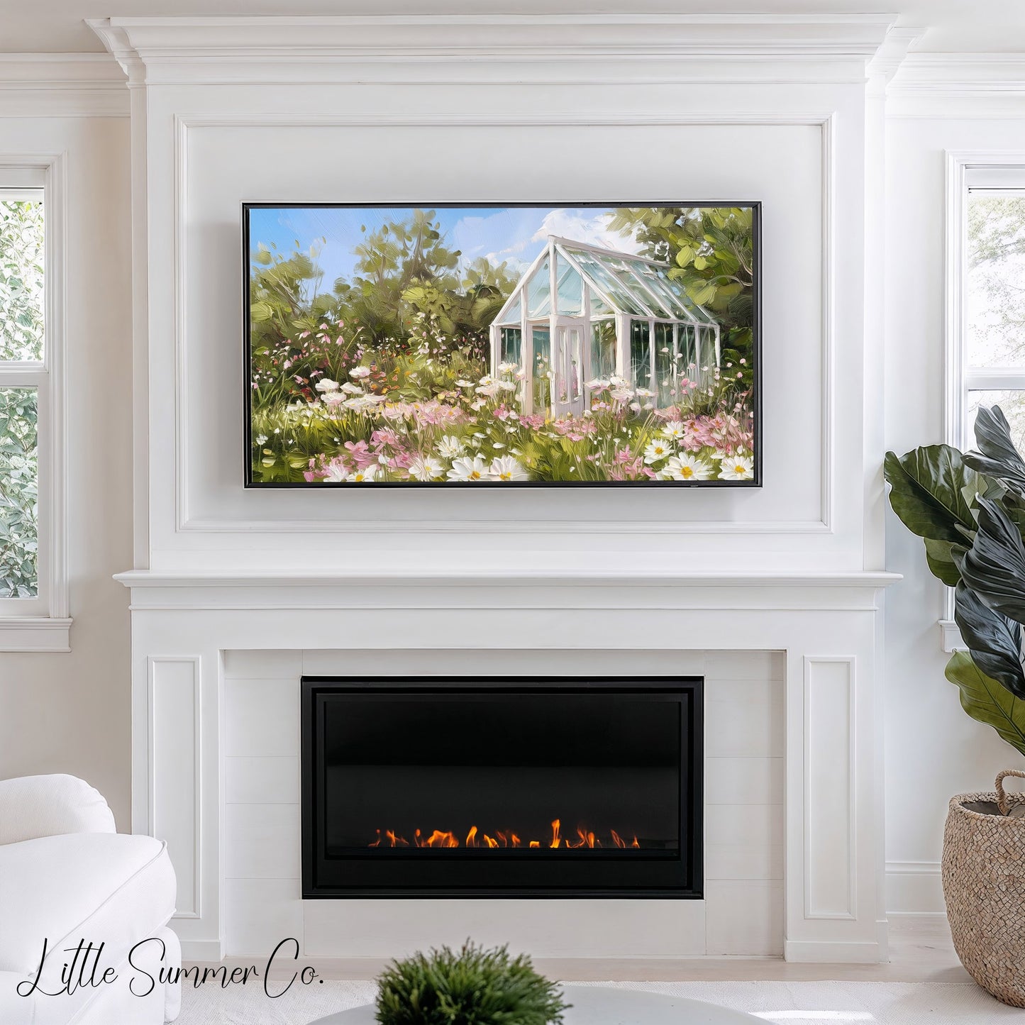 Daisy Garden Greenhouse Frame TV Art displayed on a TV