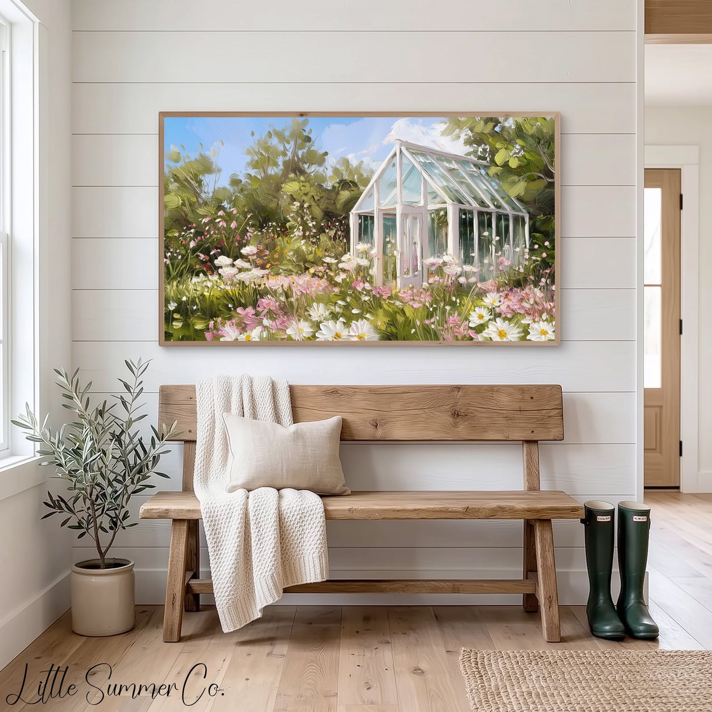 Daisy Garden Greenhouse Frame TV Art displayed on a TV