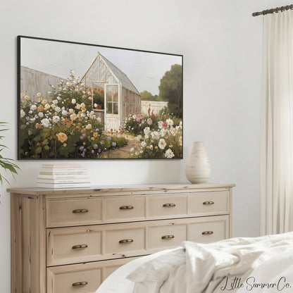 Rose Garden Greenhouse Frame TV Art displayed on a TV