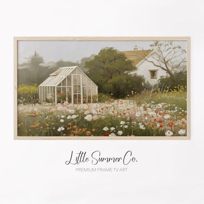 Greenhouse Flower Meadow Frame TV Art displayed on a TV