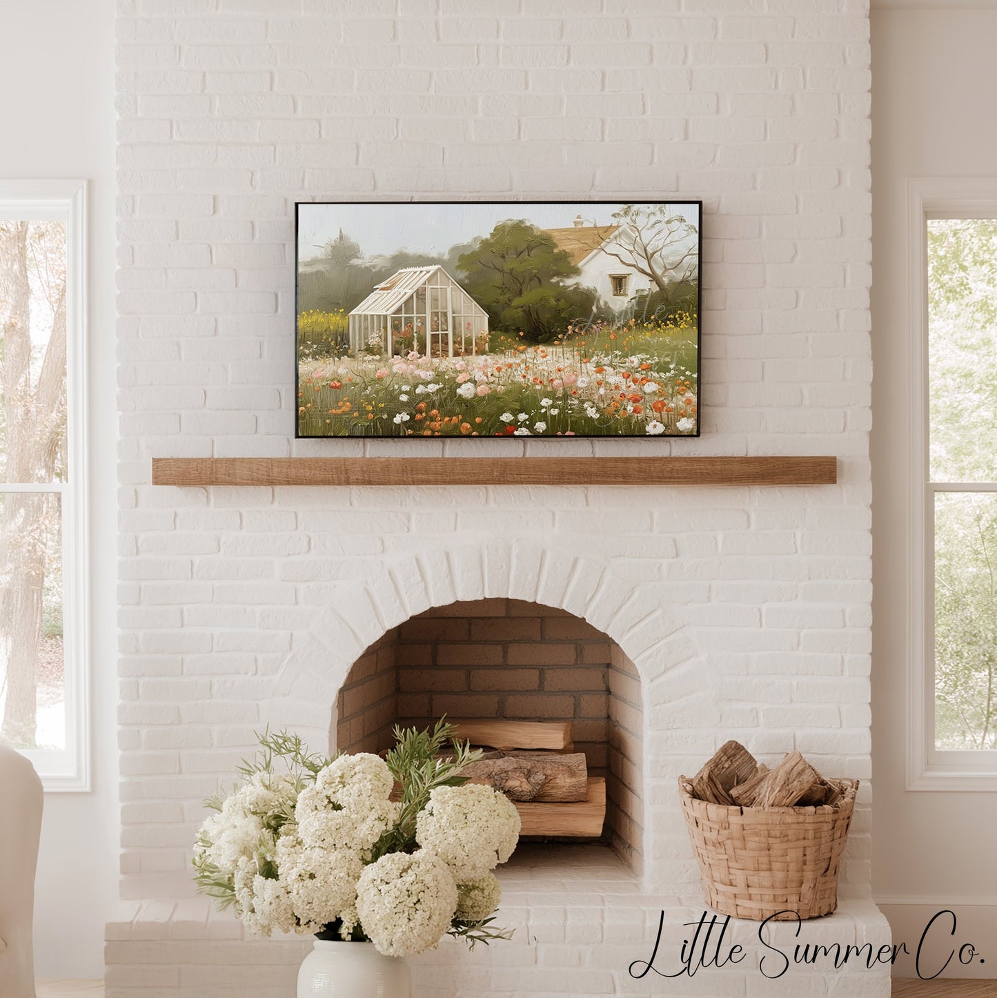 Greenhouse Flower Meadow Frame TV Art displayed on a TV