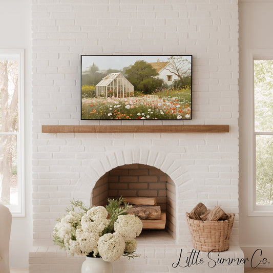 Greenhouse Flower Meadow Frame TV Art displayed on a TV