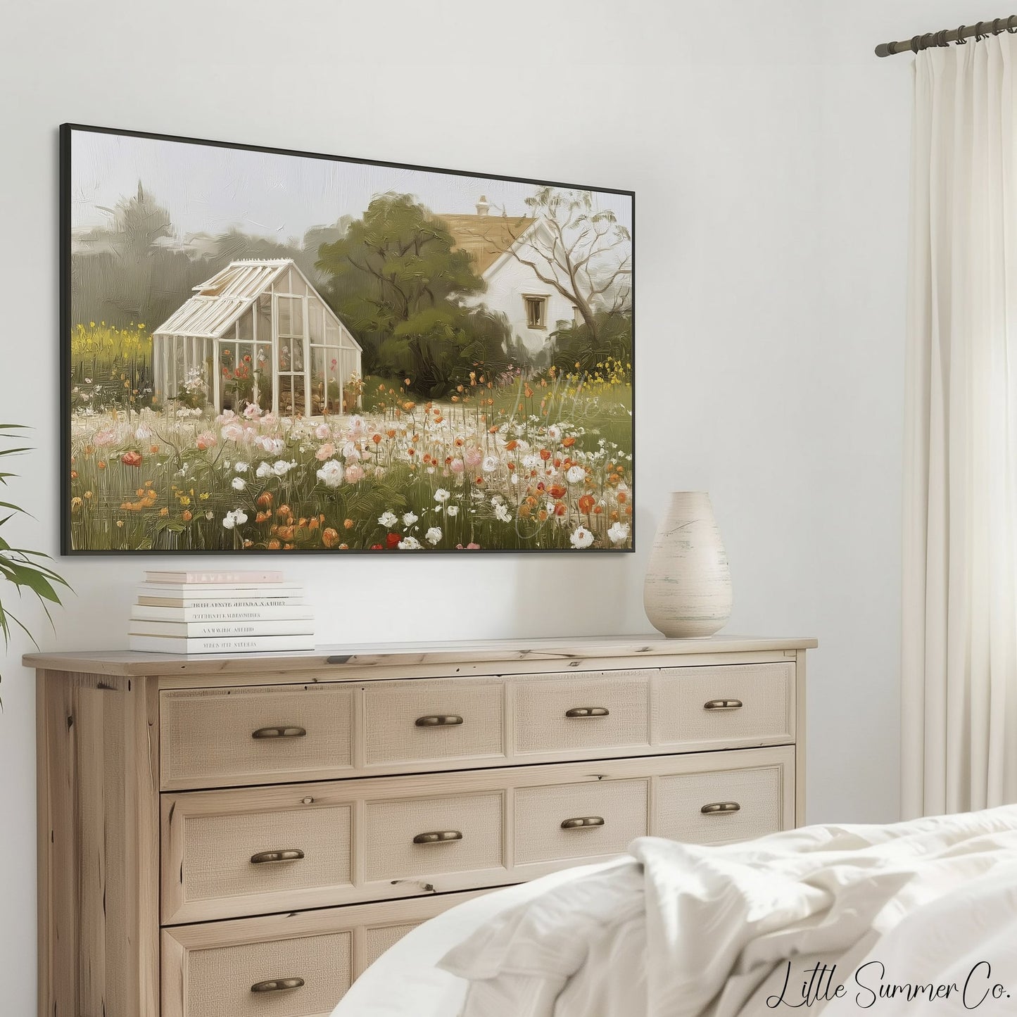 Greenhouse Flower Meadow Frame TV Art displayed on a TV