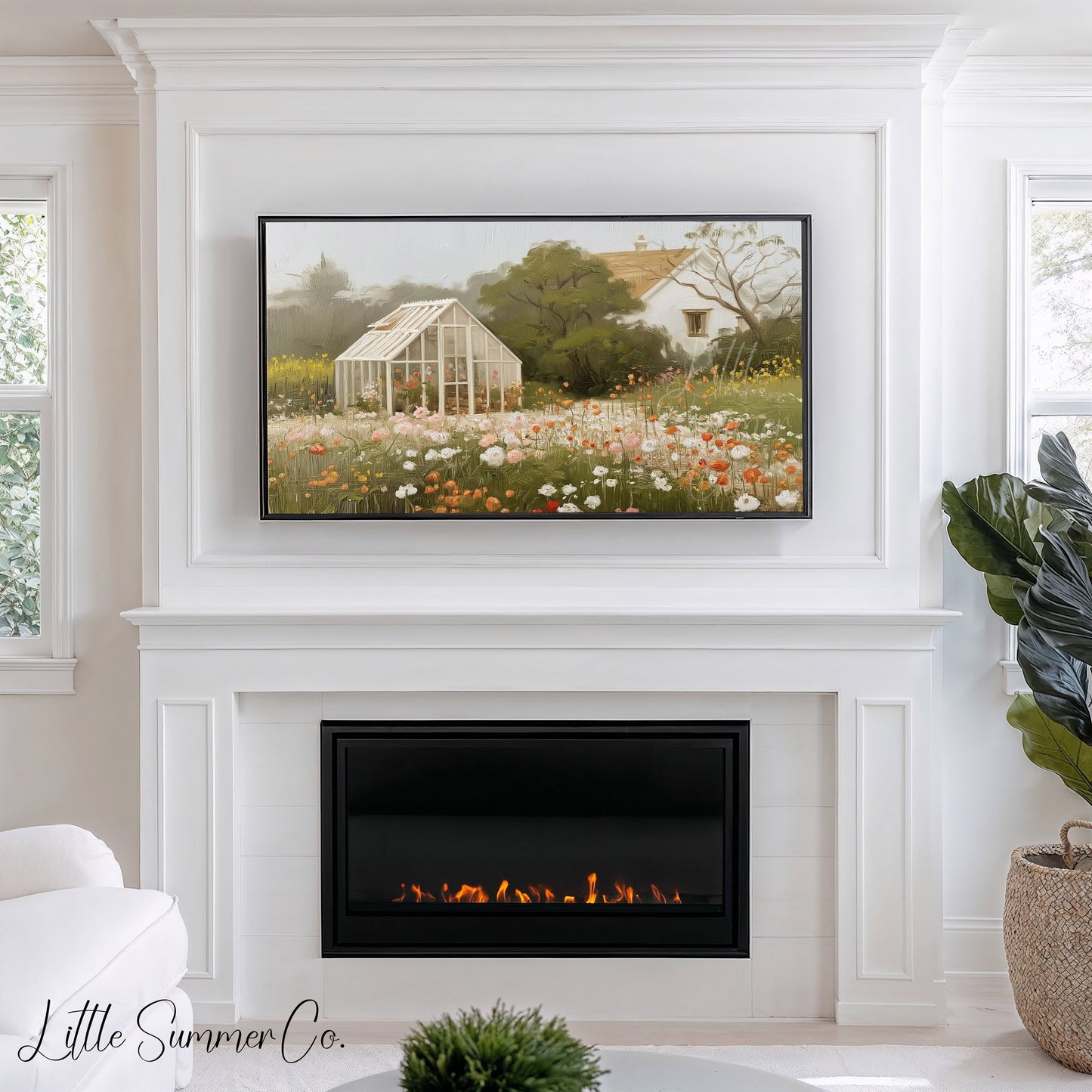 Greenhouse Flower Meadow Frame TV Art displayed on a TV
