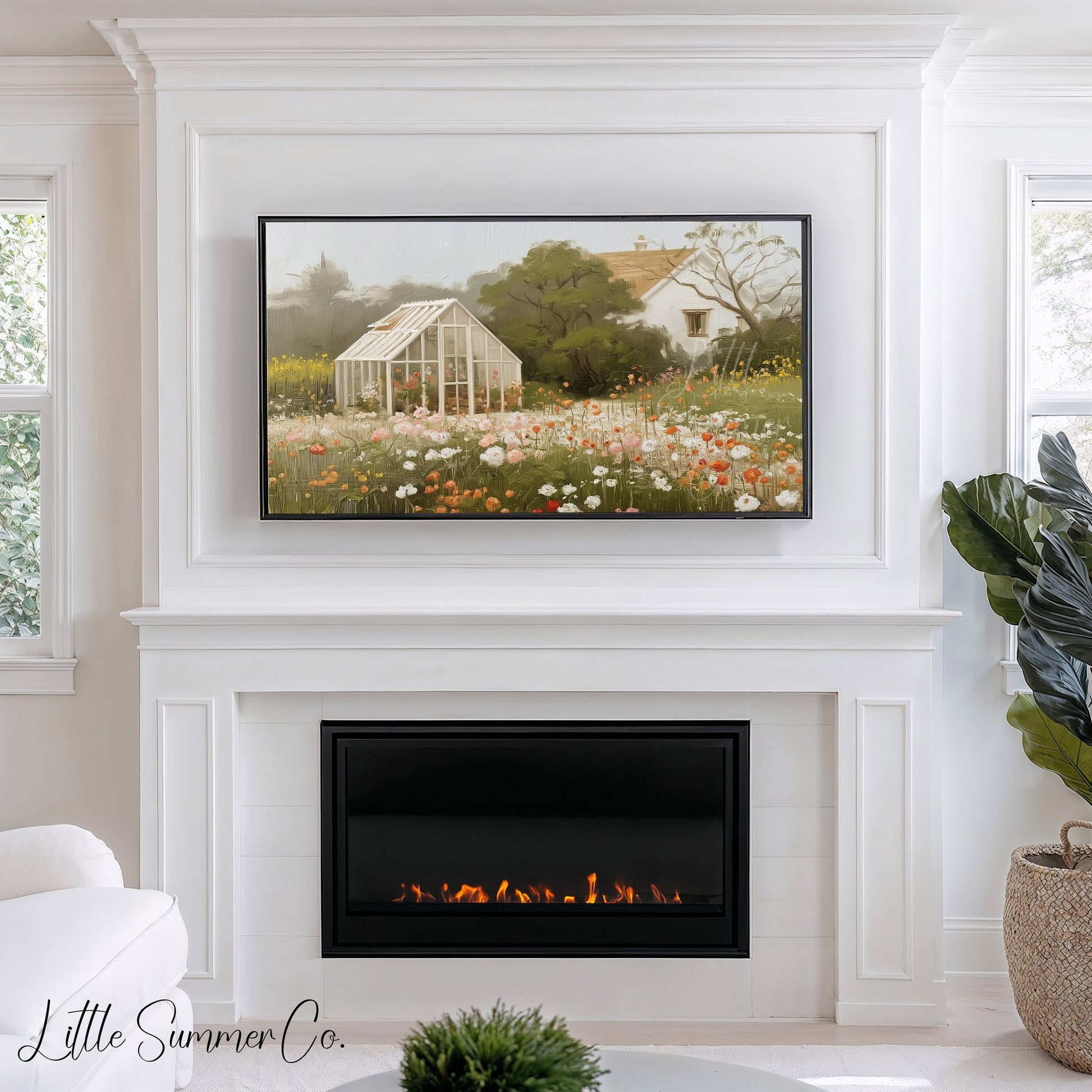 Greenhouse Flower Meadow Frame TV Art displayed on a TV