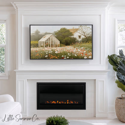 Greenhouse Flower Meadow Frame TV Art displayed on a TV
