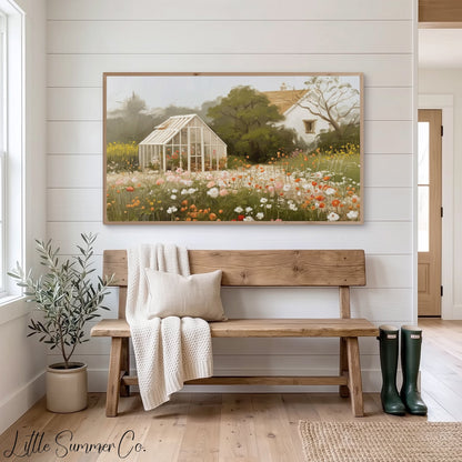 Greenhouse Flower Meadow Frame TV Art displayed on a TV