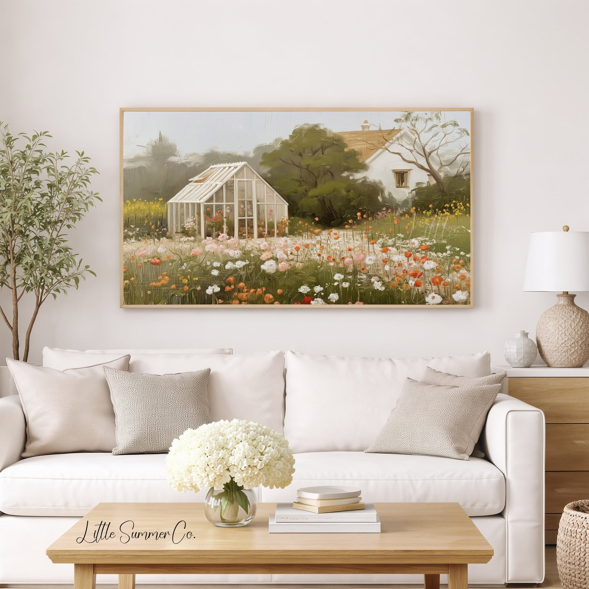 Greenhouse Flower Meadow Frame TV Art displayed on a TV